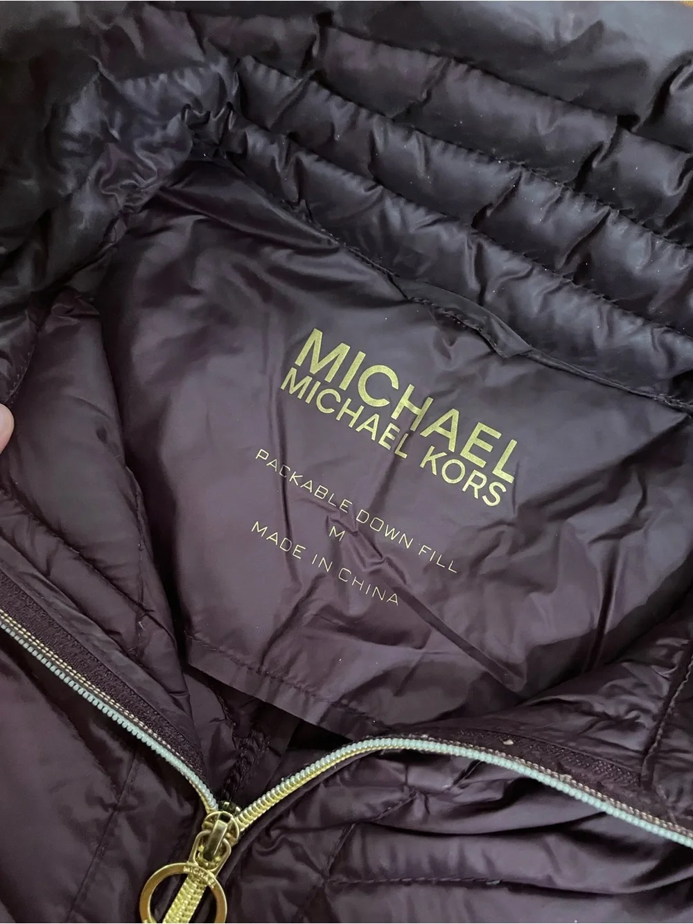 Michael Kors Quilted Puffer Jacket in Plum with Gold Hardware